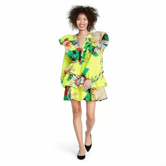 CHRISTOPHER JOHN ROGERS YELLOW FLORAL LONG SLEEVE RUFFLE DRESS SIZE 2 - Picture 1 of 4